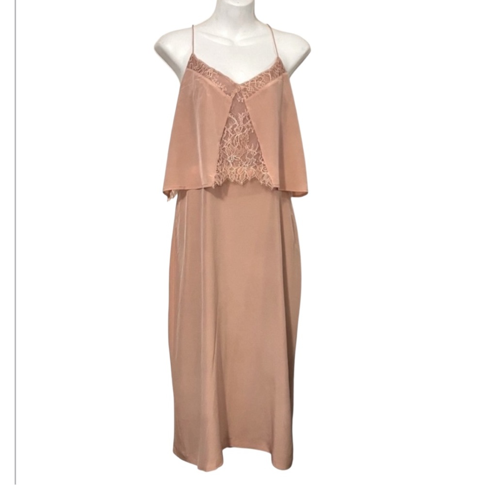 Madewell Woman’s Blush Mauve Pink Silk Chiffon Cami Strap Lace Slip Dress Sz 6